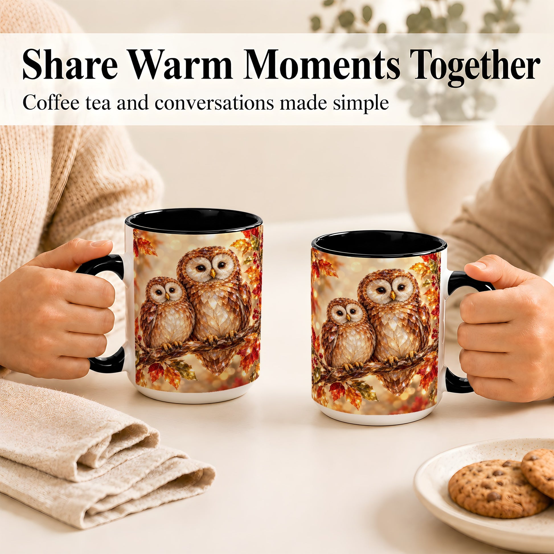 #pl[15oz|Black] Faceted Owl Coffee Mug, Autumn Owl Mug, Ceramic Cup