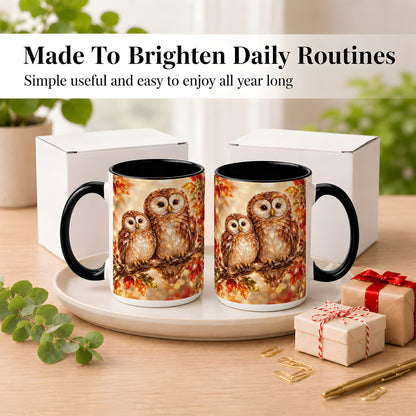 #pl[15oz|Black] Faceted Owl Coffee Mug, Autumn Owl Mug, Ceramic Cup