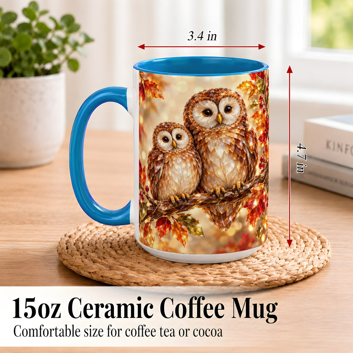 #pl[15oz|Blue] Faceted Owl Coffee Mug, Autumn Owl Mug, Ceramic Cup
