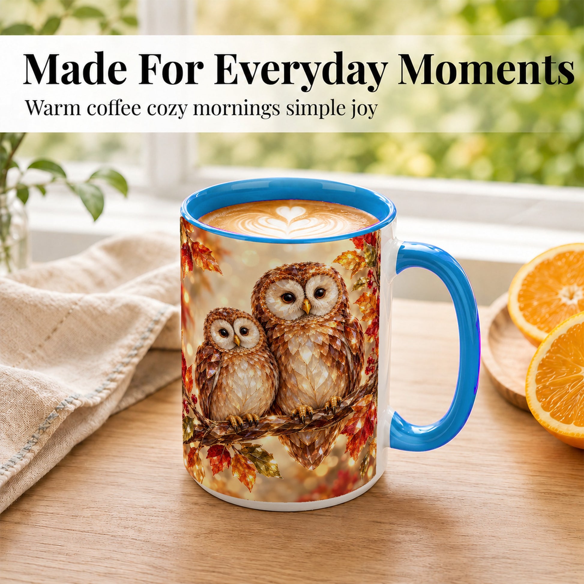 #pl[15oz|Blue] Faceted Owl Coffee Mug, Autumn Owl Mug, Ceramic Cup