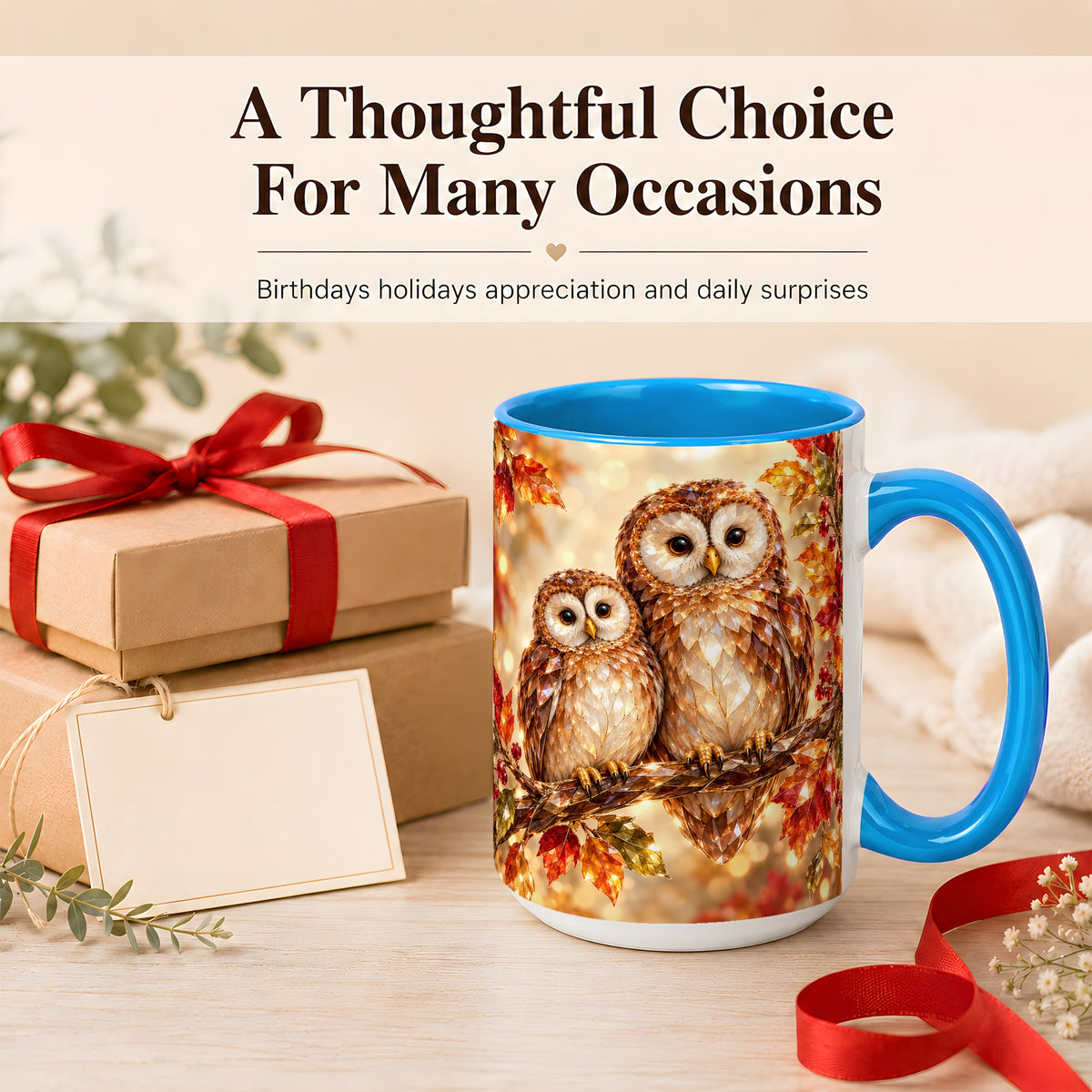 #pl[15oz|Blue] Faceted Owl Coffee Mug, Autumn Owl Mug, Ceramic Cup