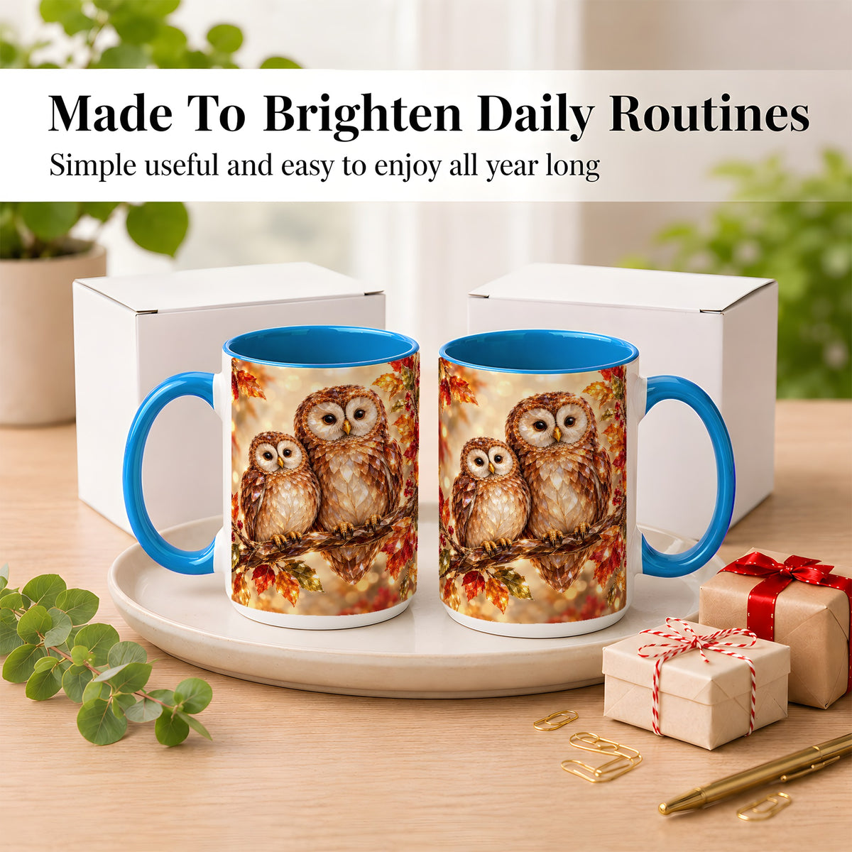 #pl[15oz|Blue] Faceted Owl Coffee Mug, Autumn Owl Mug, Ceramic Cup