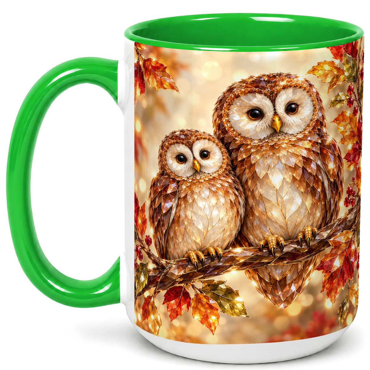 #pl[15oz|Green] Faceted Owl Coffee Mug, Autumn Owl Mug, Ceramic Cup