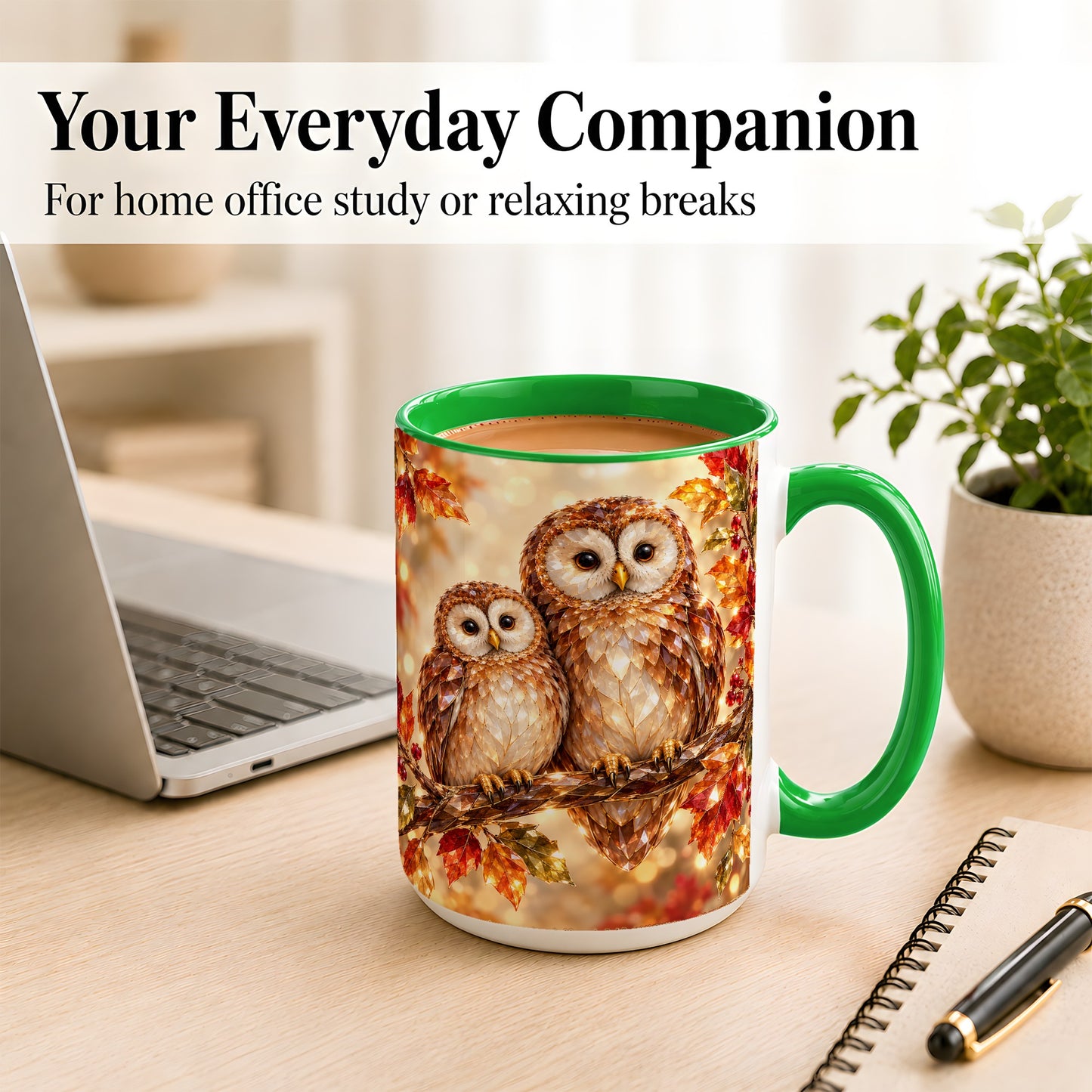 #pl[15oz|Green] Faceted Owl Coffee Mug, Autumn Owl Mug, Ceramic Cup