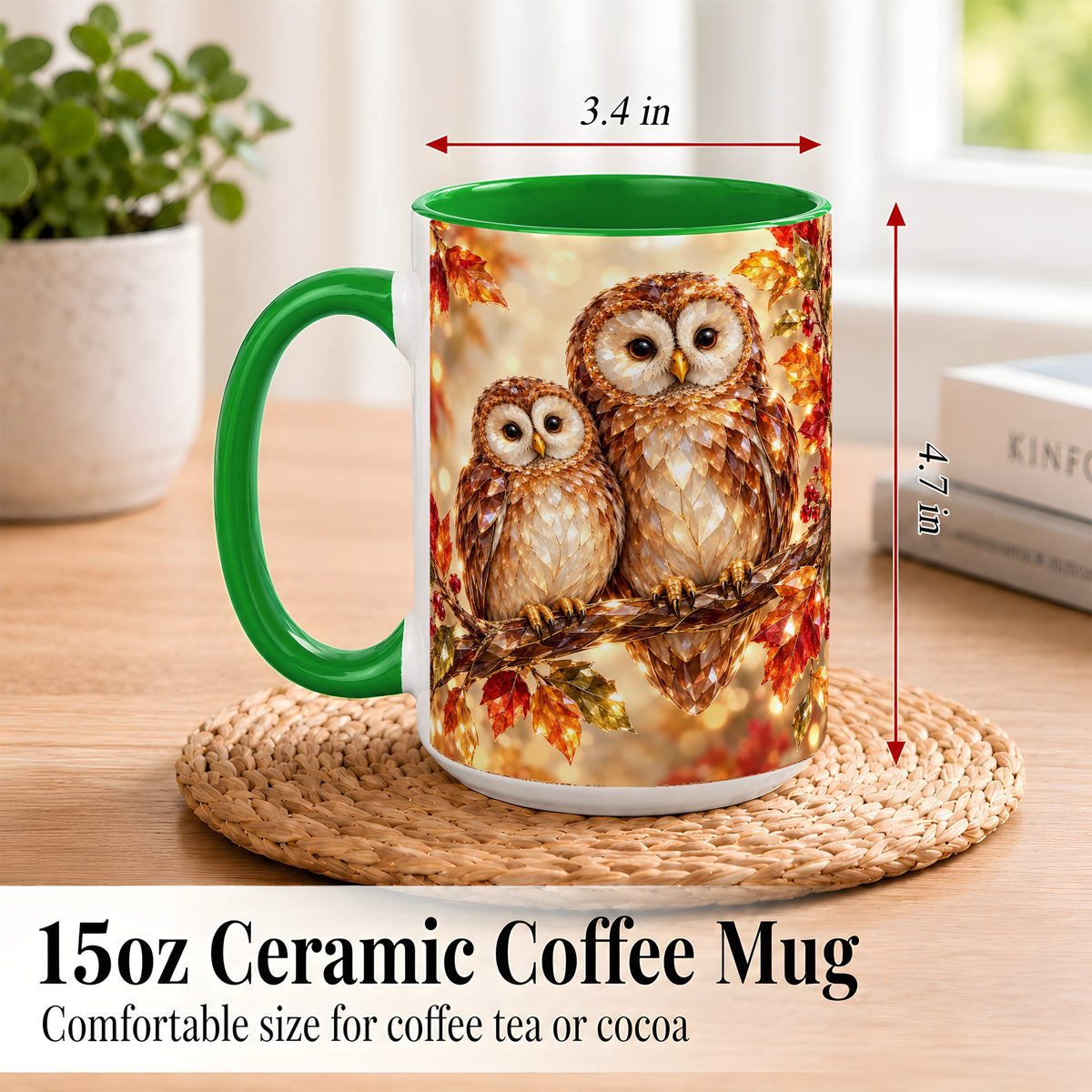 #pl[15oz|Green] Faceted Owl Coffee Mug, Autumn Owl Mug, Ceramic Cup