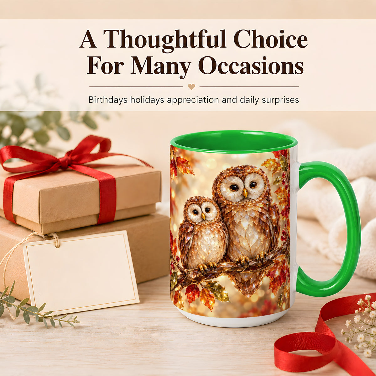 #pl[15oz|Green] Faceted Owl Coffee Mug, Autumn Owl Mug, Ceramic Cup