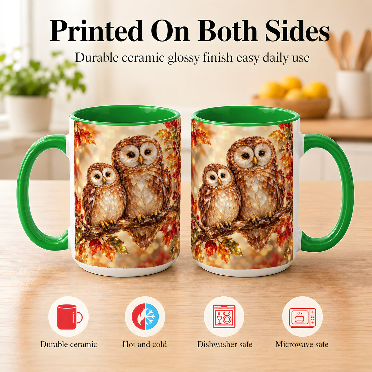 #pl[15oz|Green] Faceted Owl Coffee Mug, Autumn Owl Mug, Ceramic Cup