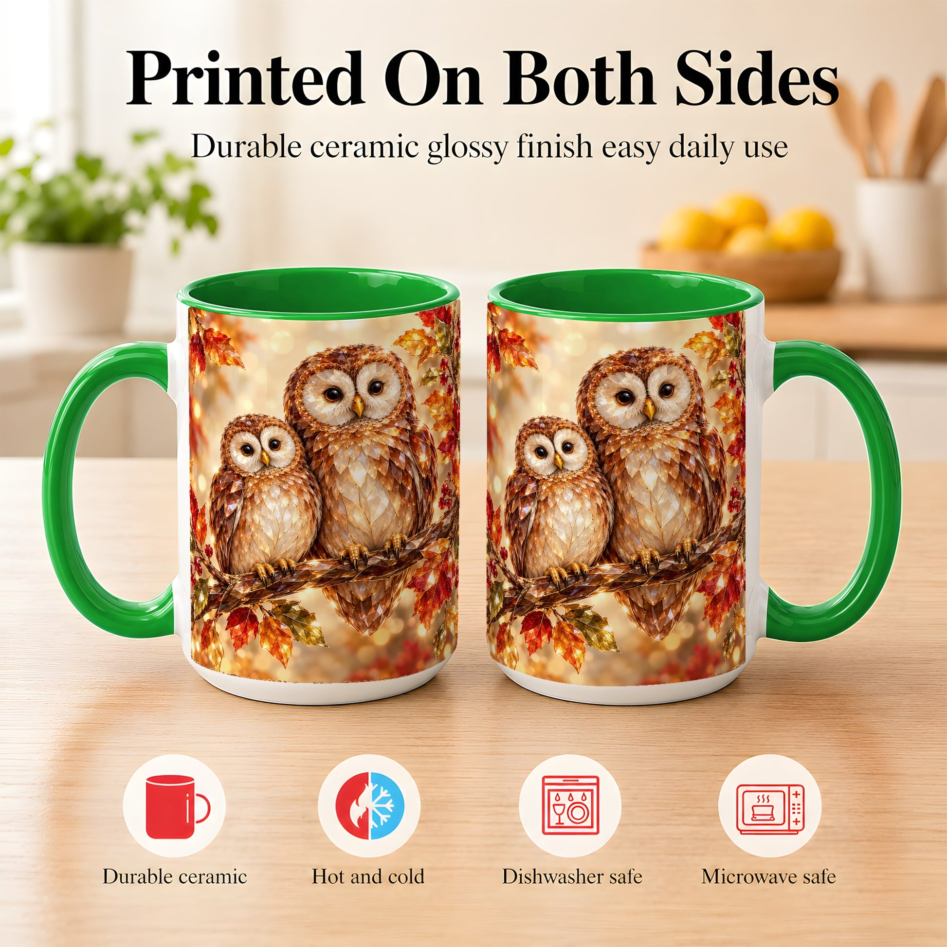 #pl[15oz|Green] Faceted Owl Coffee Mug, Autumn Owl Mug, Ceramic Cup
