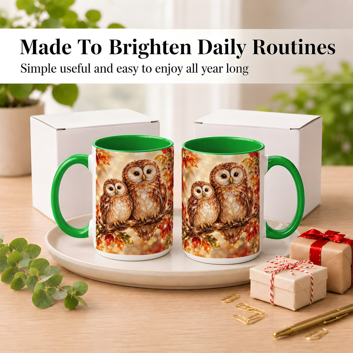 #pl[15oz|Green] Faceted Owl Coffee Mug, Autumn Owl Mug, Ceramic Cup
