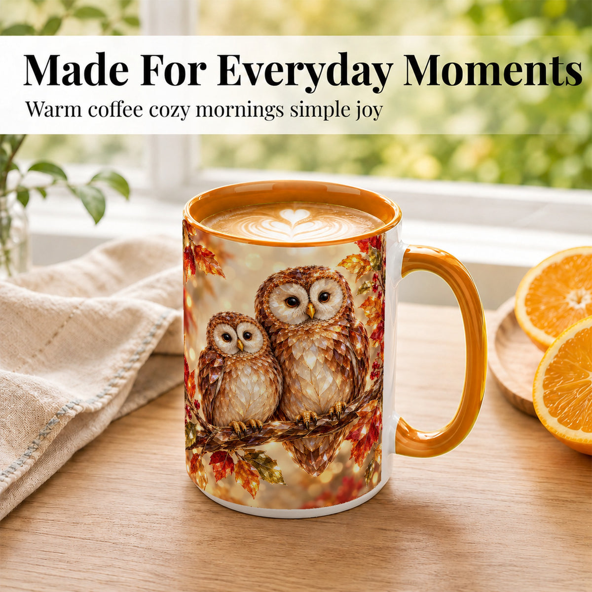 #pl[15oz|Orange] Faceted Owl Coffee Mug, Autumn Owl Mug, Ceramic Cup