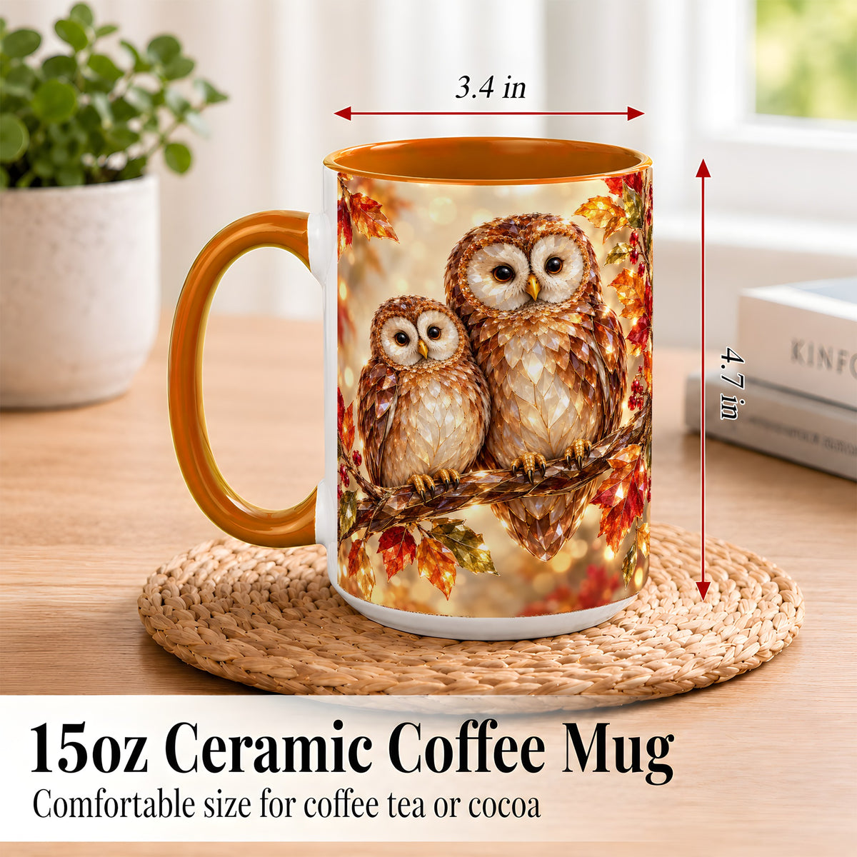 #pl[15oz|Orange] Faceted Owl Coffee Mug, Autumn Owl Mug, Ceramic Cup