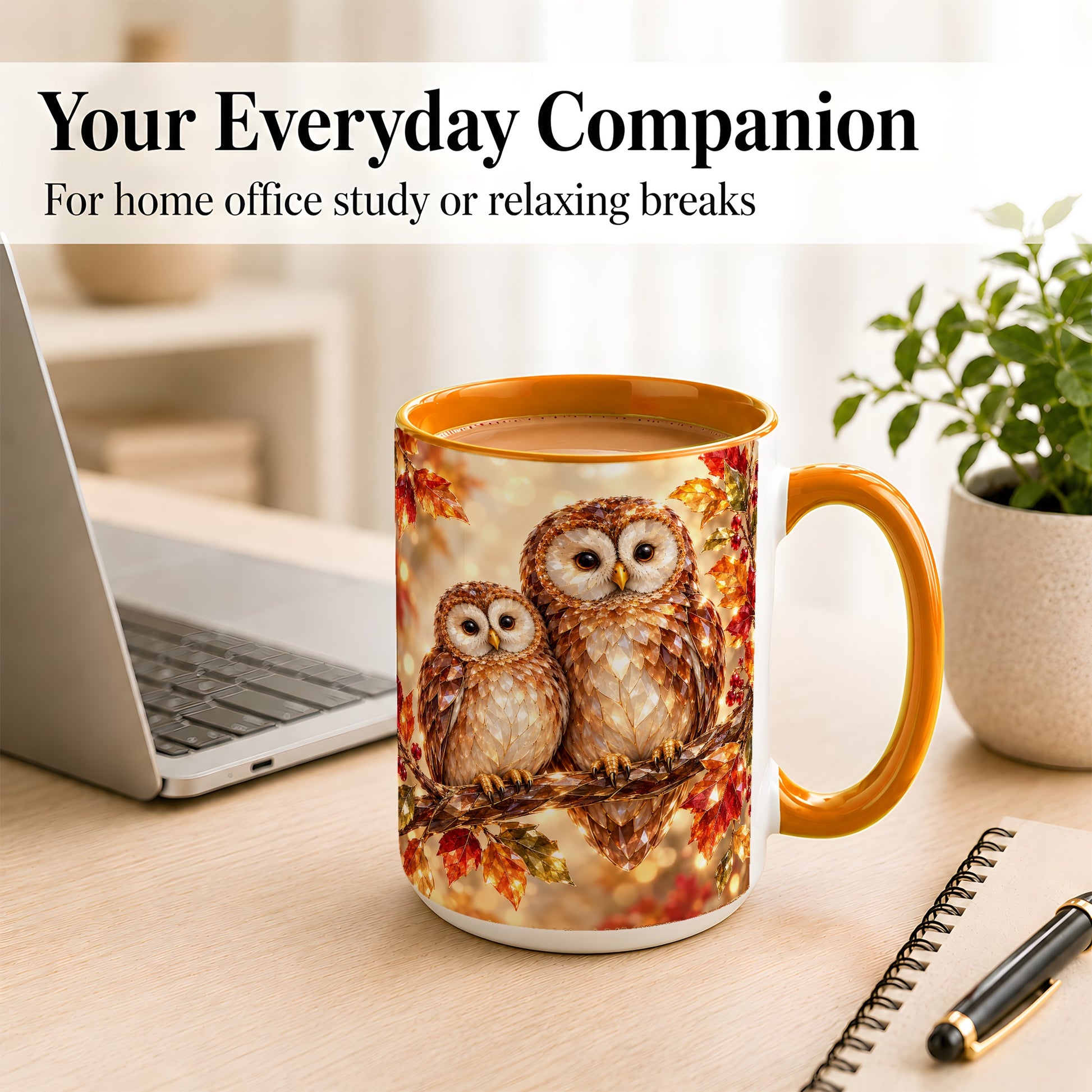#pl[15oz|Orange] Faceted Owl Coffee Mug, Autumn Owl Mug, Ceramic Cup