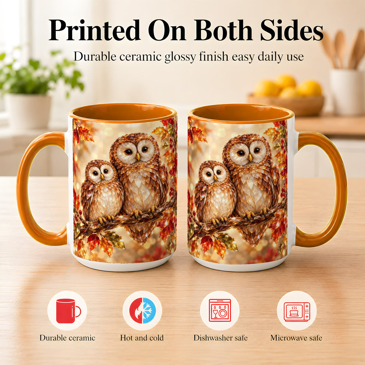 #pl[15oz|Orange] Faceted Owl Coffee Mug, Autumn Owl Mug, Ceramic Cup