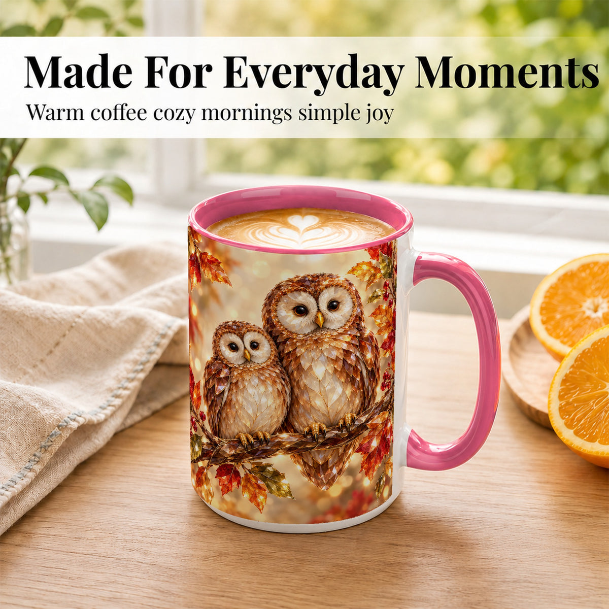 #pl[15oz|Pink] Faceted Owl Coffee Mug, Autumn Owl Mug, Ceramic Cup
