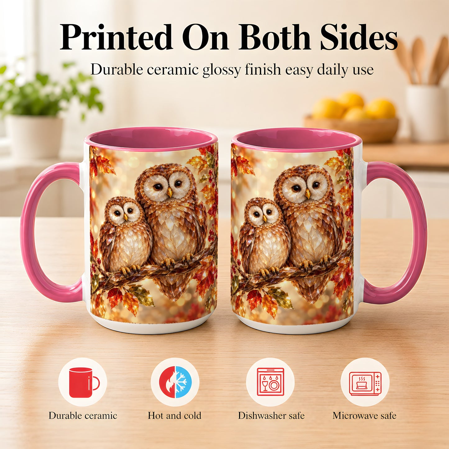 #pl[15oz|Pink] Faceted Owl Coffee Mug, Autumn Owl Mug, Ceramic Cup
