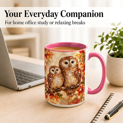 #pl[15oz|Pink] Faceted Owl Coffee Mug, Autumn Owl Mug, Ceramic Cup