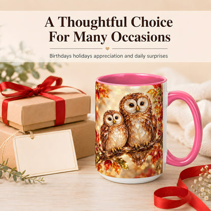 #pl[15oz|Pink] Faceted Owl Coffee Mug, Autumn Owl Mug, Ceramic Cup