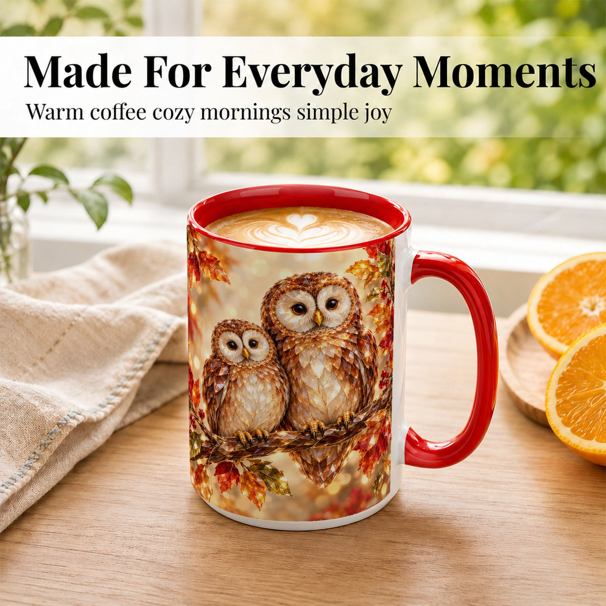 #pl[15oz|Red] Faceted Owl Coffee Mug, Autumn Owl Mug, Ceramic Cup