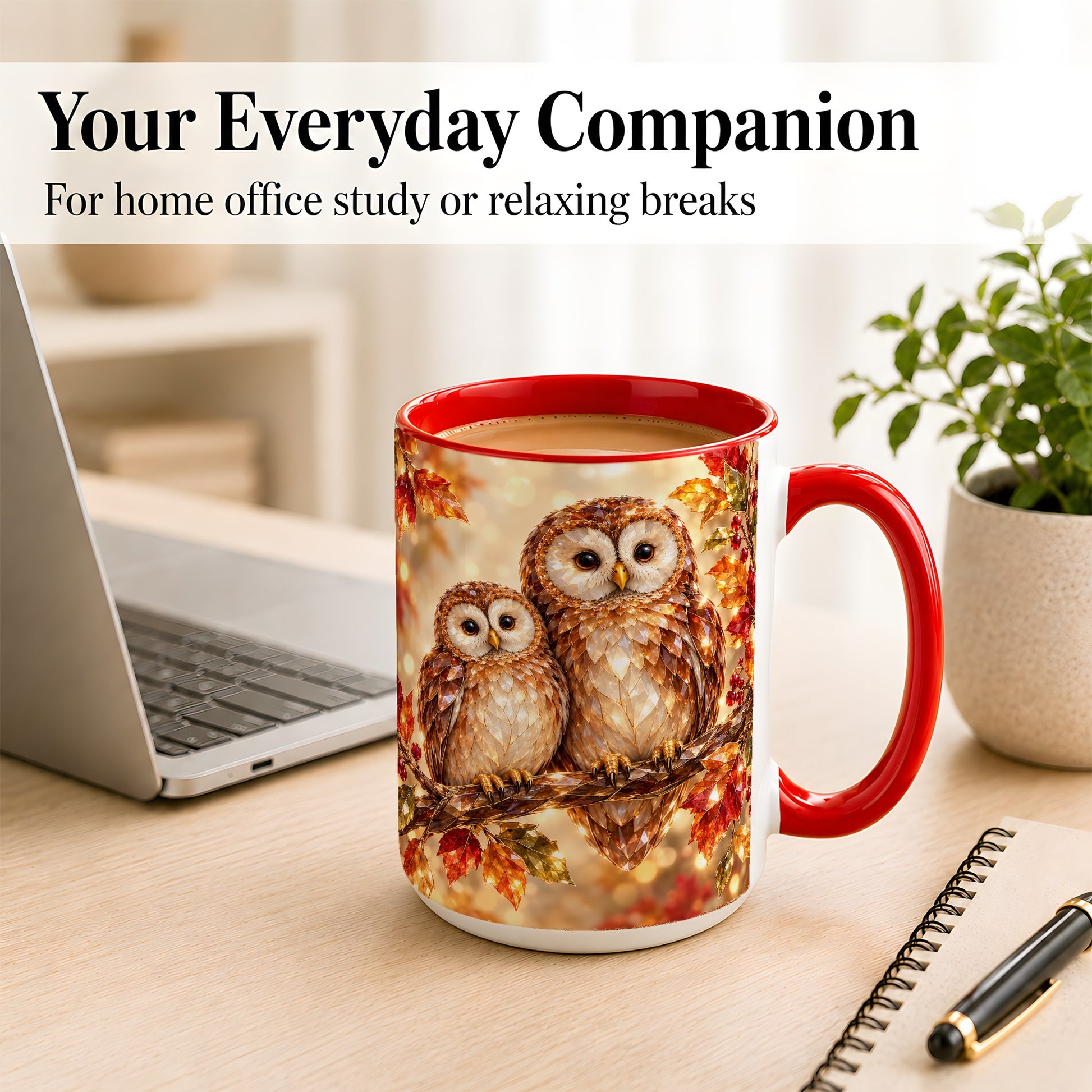 #pl[15oz|Red] Faceted Owl Coffee Mug, Autumn Owl Mug, Ceramic Cup