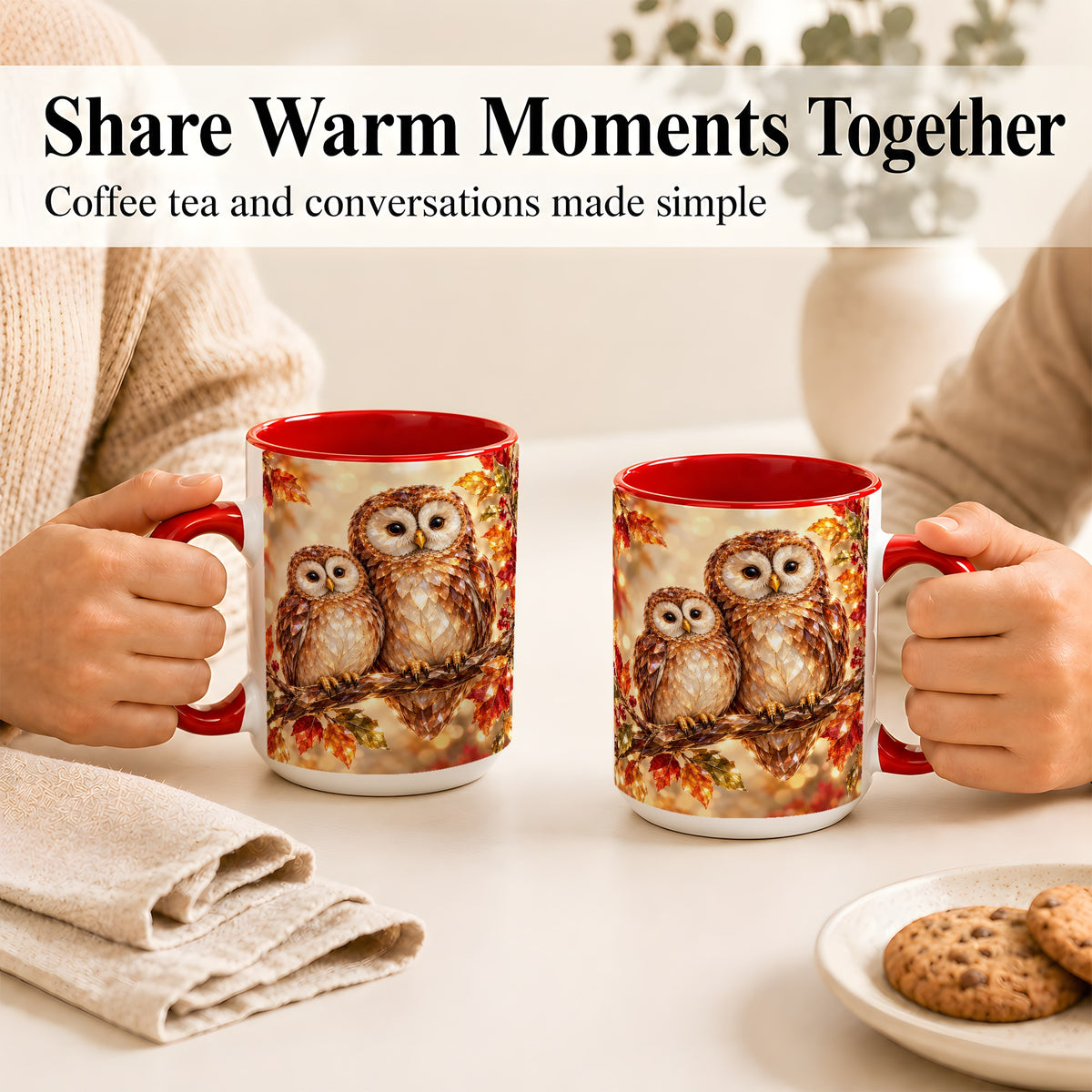 #pl[15oz|Red] Faceted Owl Coffee Mug, Autumn Owl Mug, Ceramic Cup