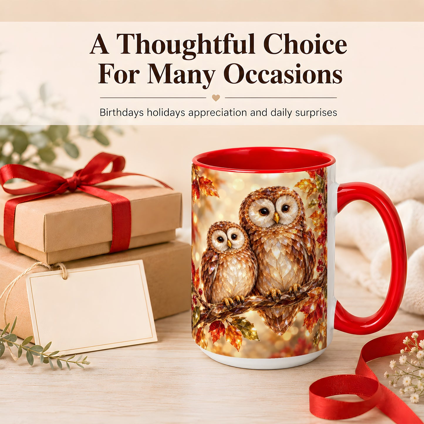 #pl[15oz|Red] Faceted Owl Coffee Mug, Autumn Owl Mug, Ceramic Cup