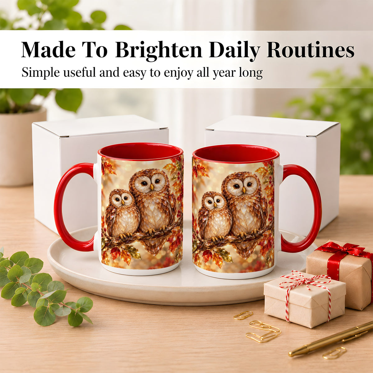 #pl[15oz|Red] Faceted Owl Coffee Mug, Autumn Owl Mug, Ceramic Cup