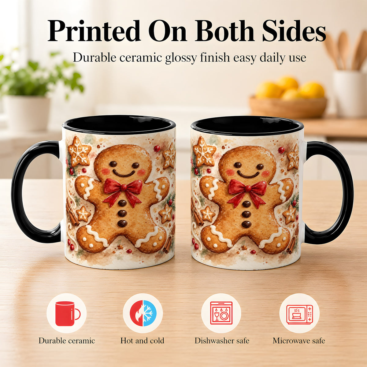 #pl[11oz|Black] Watercolor Gingerbread Coffee Mug, Christmas Cookie Mug, Ceramic Cup