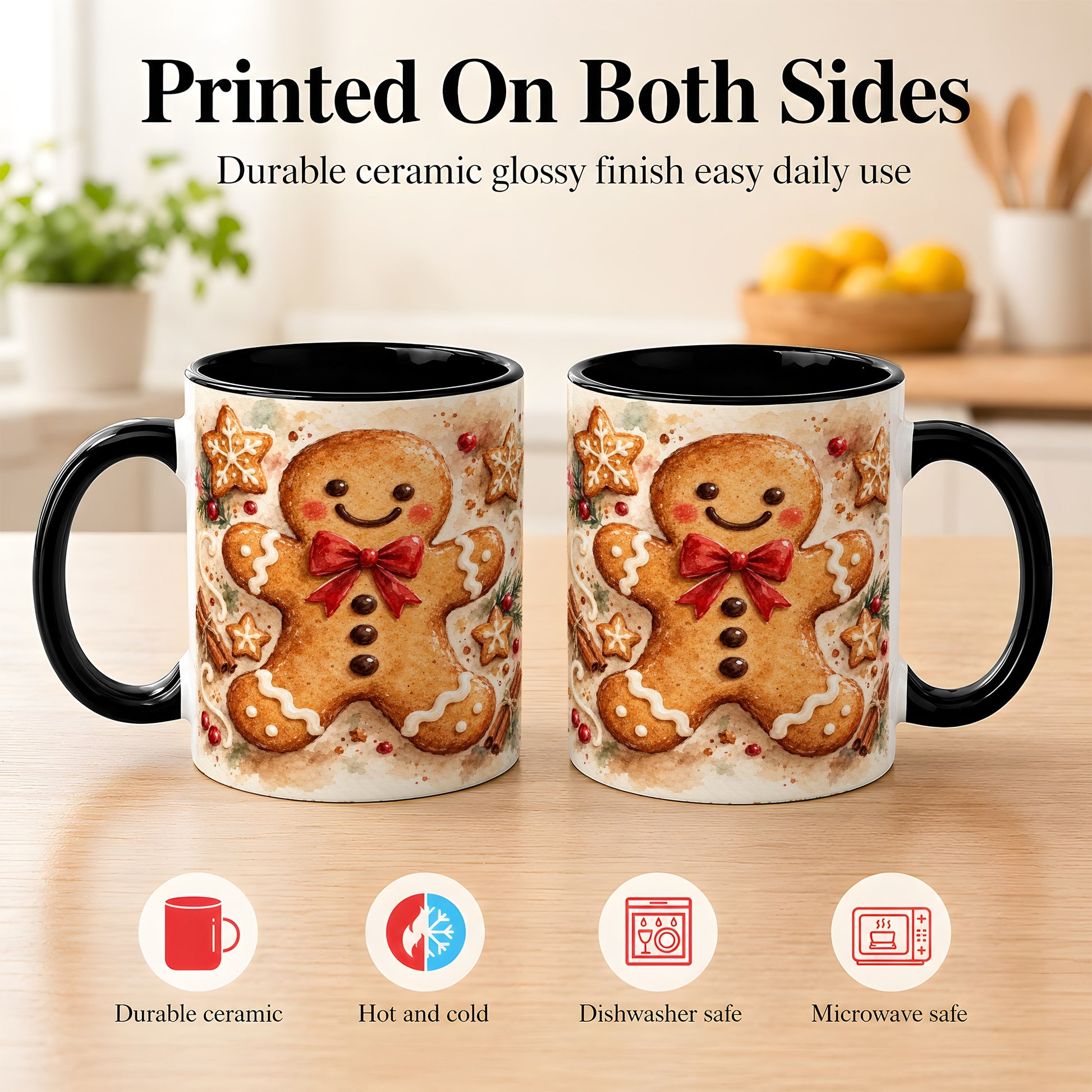 #pl[11oz|Black] Watercolor Gingerbread Coffee Mug, Christmas Cookie Mug, Ceramic Cup