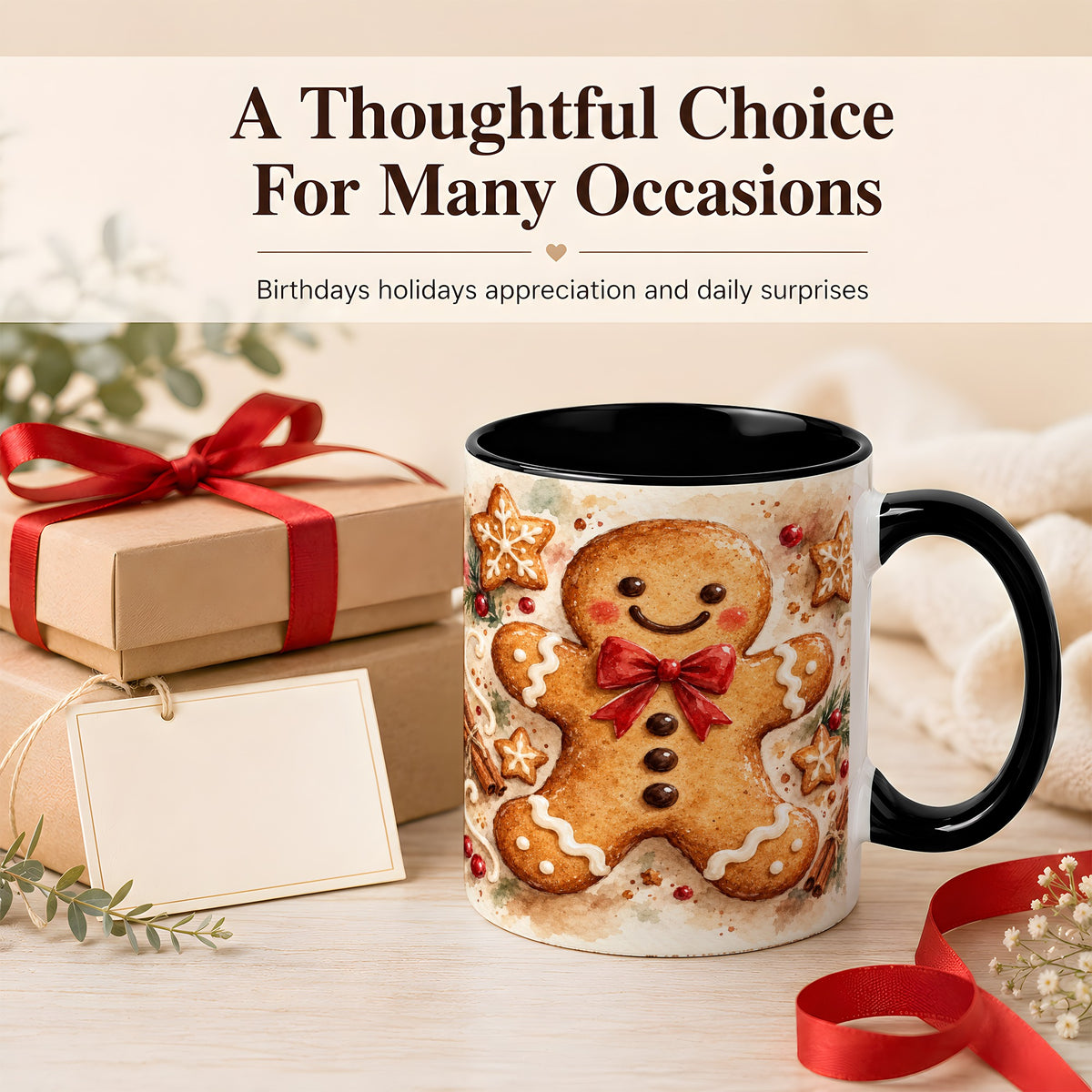 #pl[11oz|Black] Watercolor Gingerbread Coffee Mug, Christmas Cookie Mug, Ceramic Cup