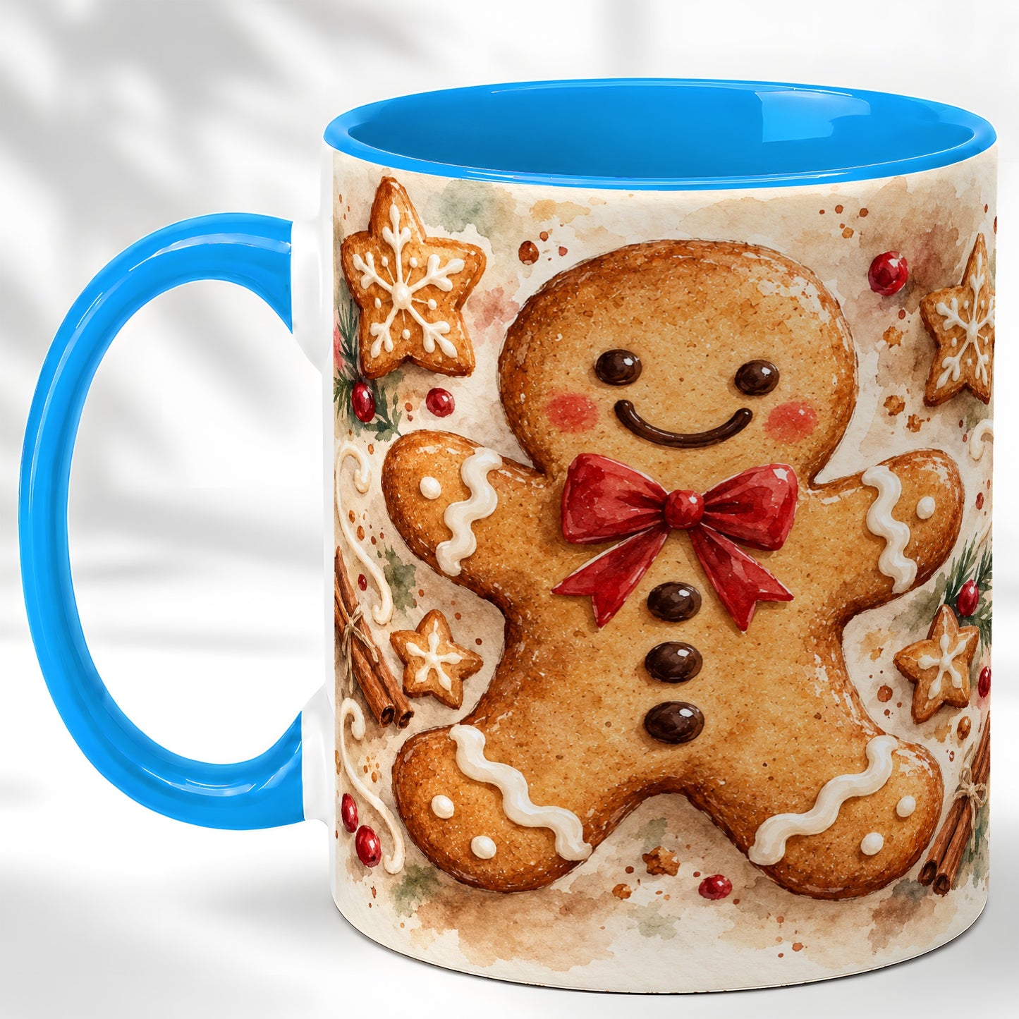 #pl[11oz|Blue] Watercolor Gingerbread Coffee Mug, Christmas Cookie Mug, Ceramic Cup
