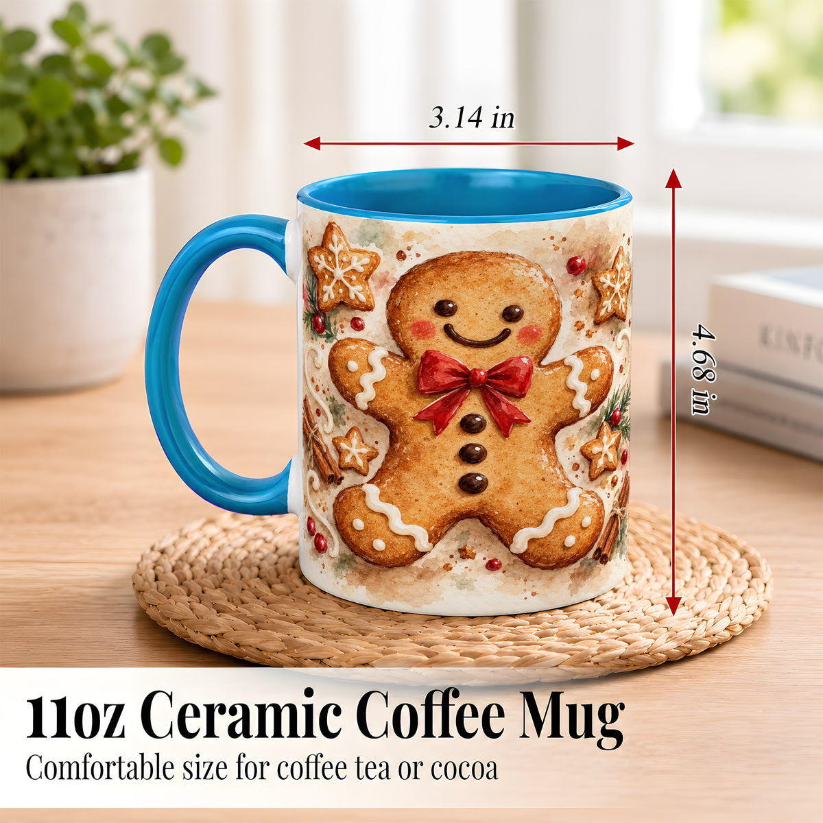 #pl[11oz|Blue] Watercolor Gingerbread Coffee Mug, Christmas Cookie Mug, Ceramic Cup