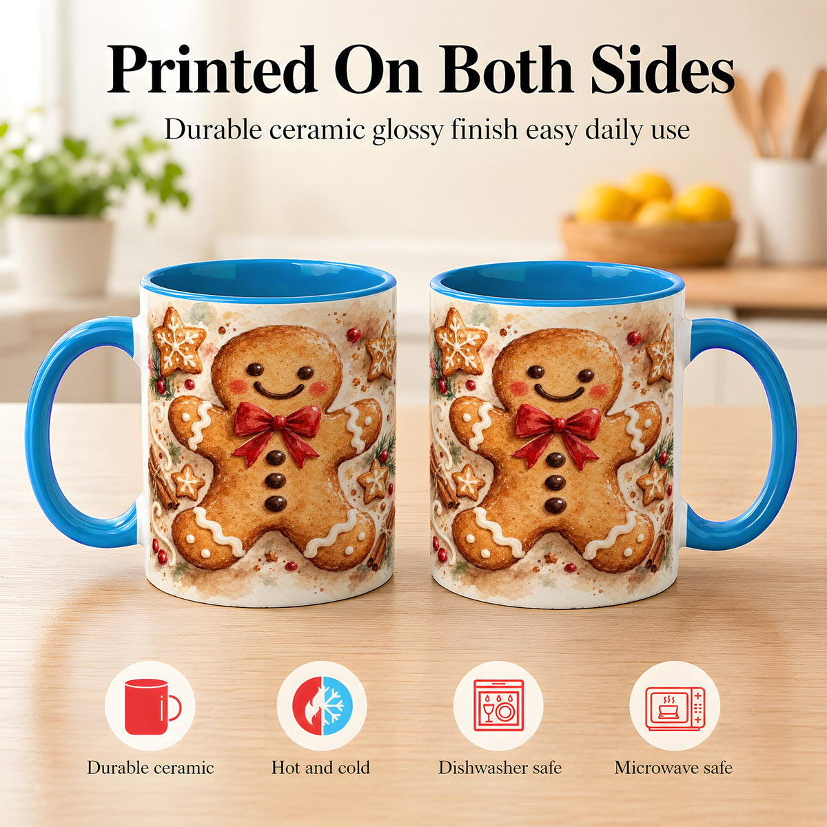 #pl[11oz|Blue] Watercolor Gingerbread Coffee Mug, Christmas Cookie Mug, Ceramic Cup