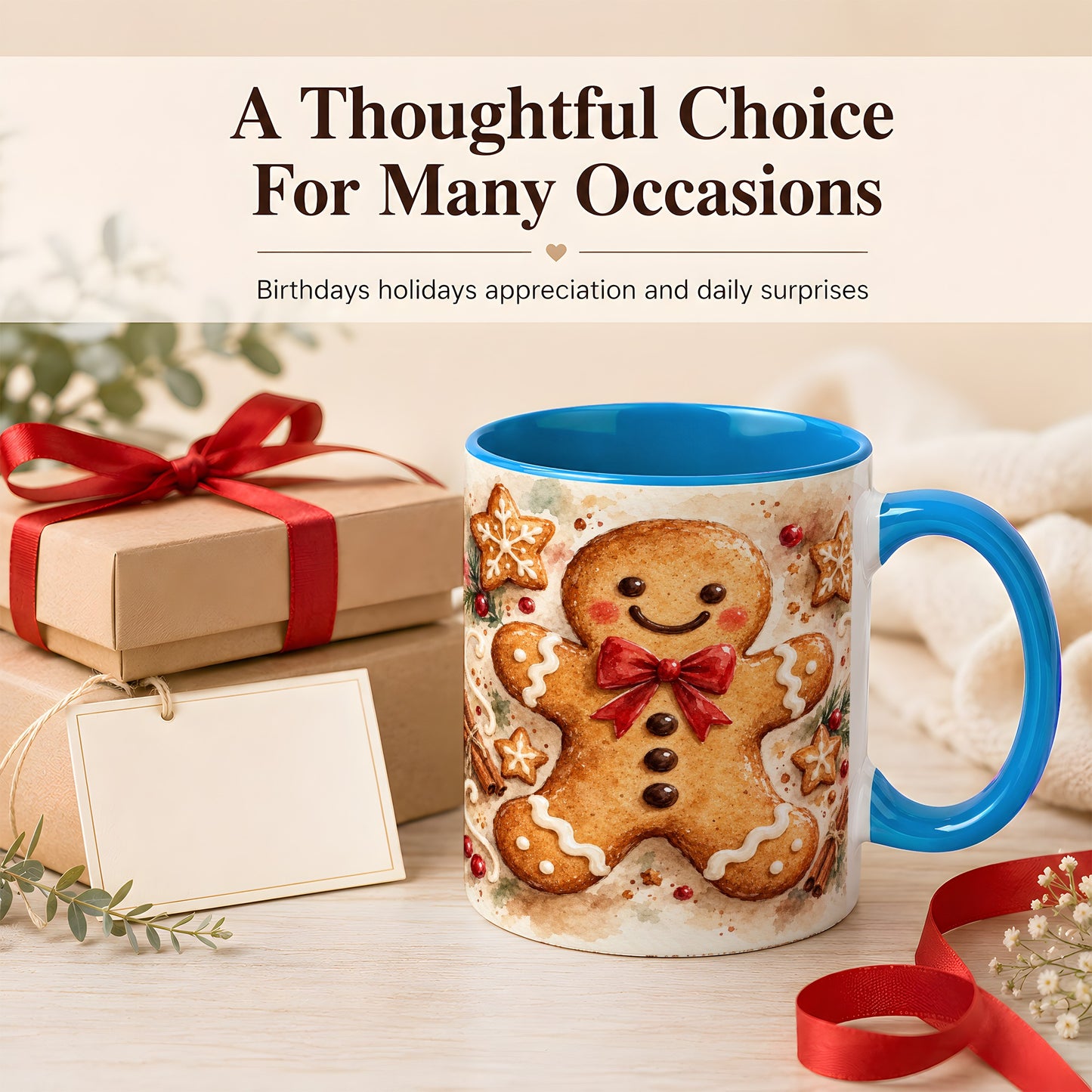 #pl[11oz|Blue] Watercolor Gingerbread Coffee Mug, Christmas Cookie Mug, Ceramic Cup