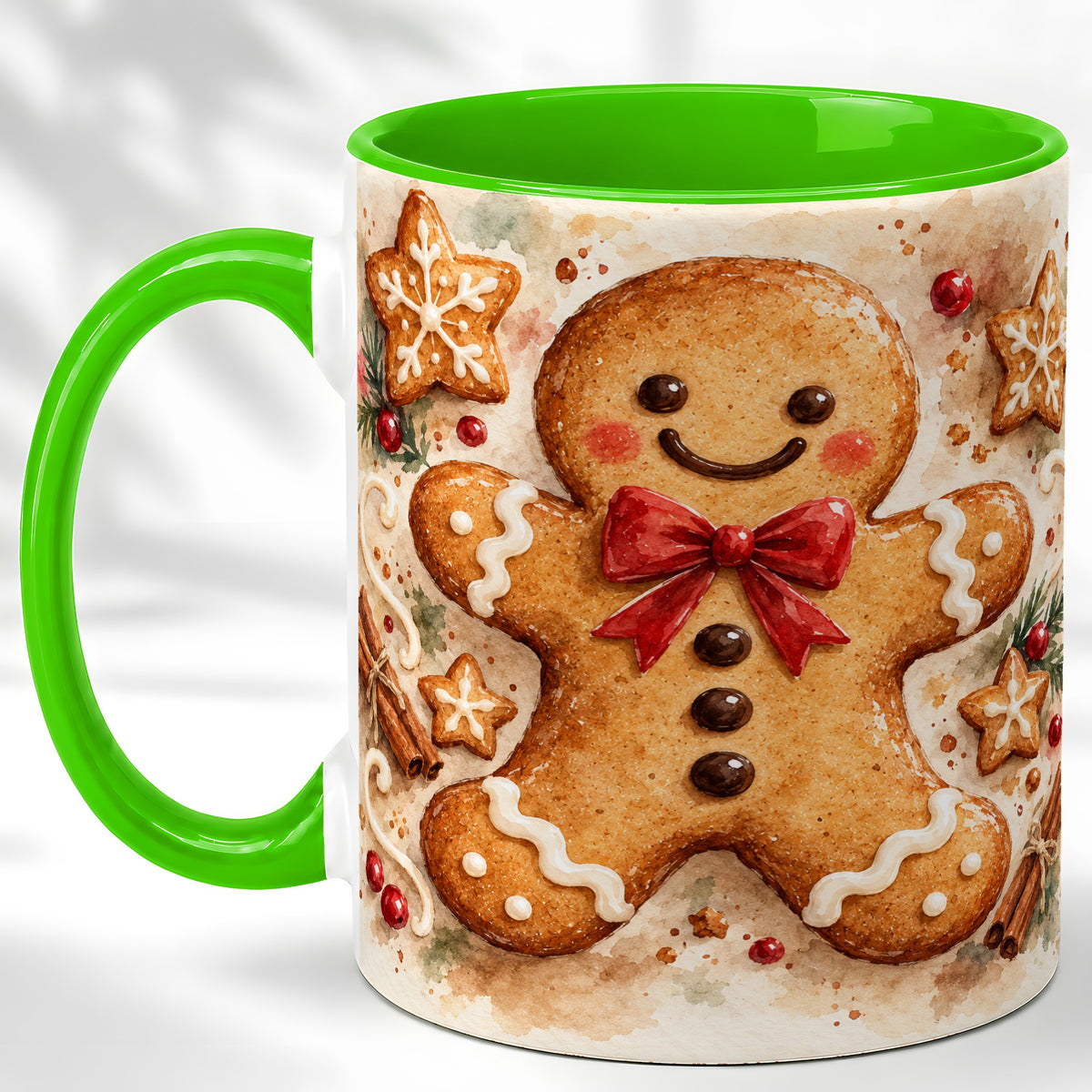 #pl[11oz|Green] Watercolor Gingerbread Coffee Mug, Christmas Cookie Mug, Ceramic Cup