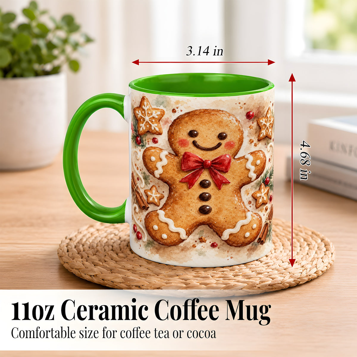 #pl[11oz|Green] Watercolor Gingerbread Coffee Mug, Christmas Cookie Mug, Ceramic Cup