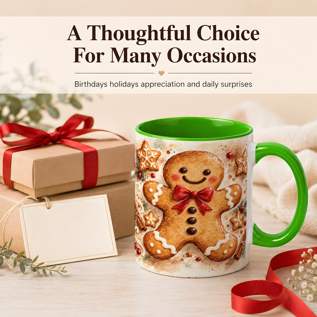 #pl[11oz|Green] Watercolor Gingerbread Coffee Mug, Christmas Cookie Mug, Ceramic Cup