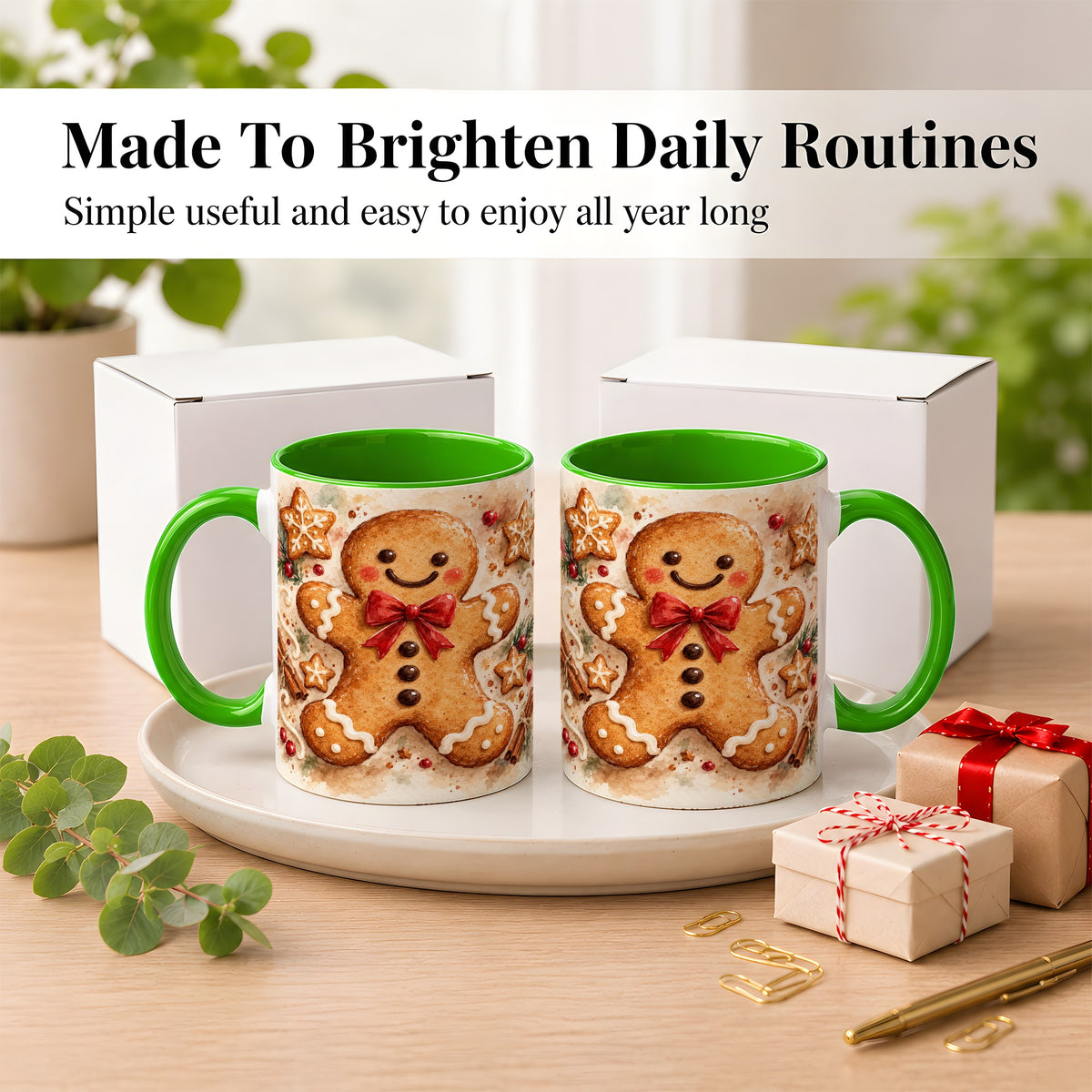 #pl[11oz|Green] Watercolor Gingerbread Coffee Mug, Christmas Cookie Mug, Ceramic Cup