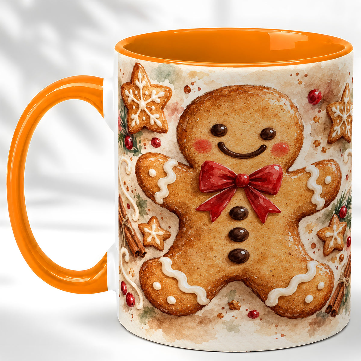 #pl[11oz|Orange] Watercolor Gingerbread Coffee Mug, Christmas Cookie Mug, Ceramic Cup