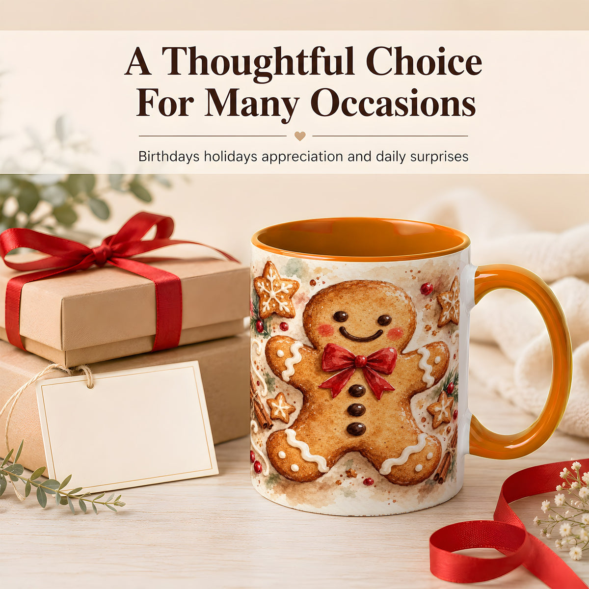 #pl[11oz|Orange] Watercolor Gingerbread Coffee Mug, Christmas Cookie Mug, Ceramic Cup