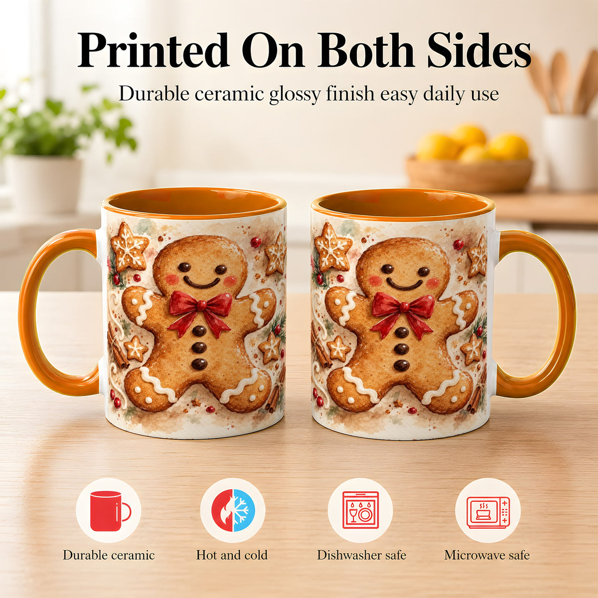 #pl[11oz|Orange] Watercolor Gingerbread Coffee Mug, Christmas Cookie Mug, Ceramic Cup