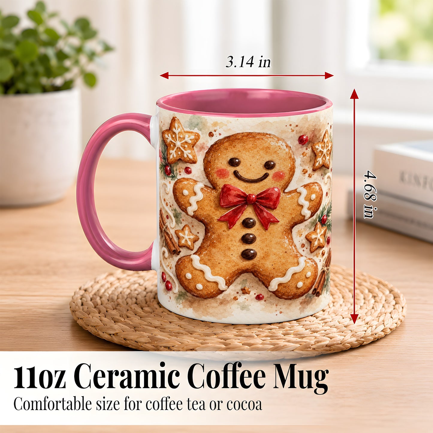 #pl[11oz|Pink] Watercolor Gingerbread Coffee Mug, Christmas Cookie Mug, Ceramic Cup