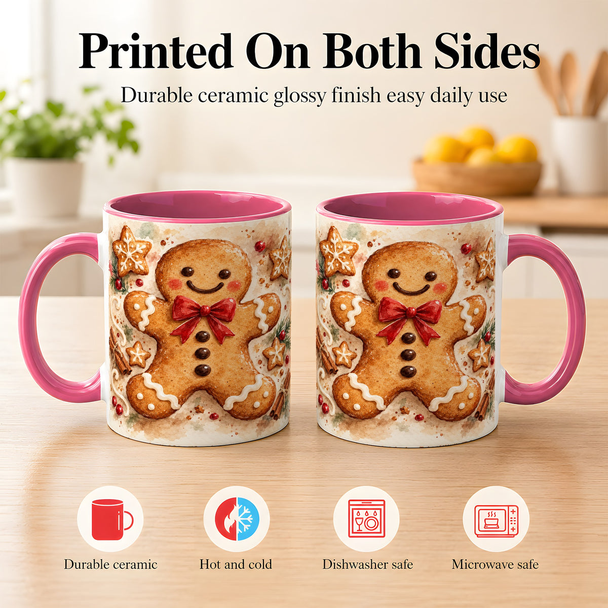 #pl[11oz|Pink] Watercolor Gingerbread Coffee Mug, Christmas Cookie Mug, Ceramic Cup