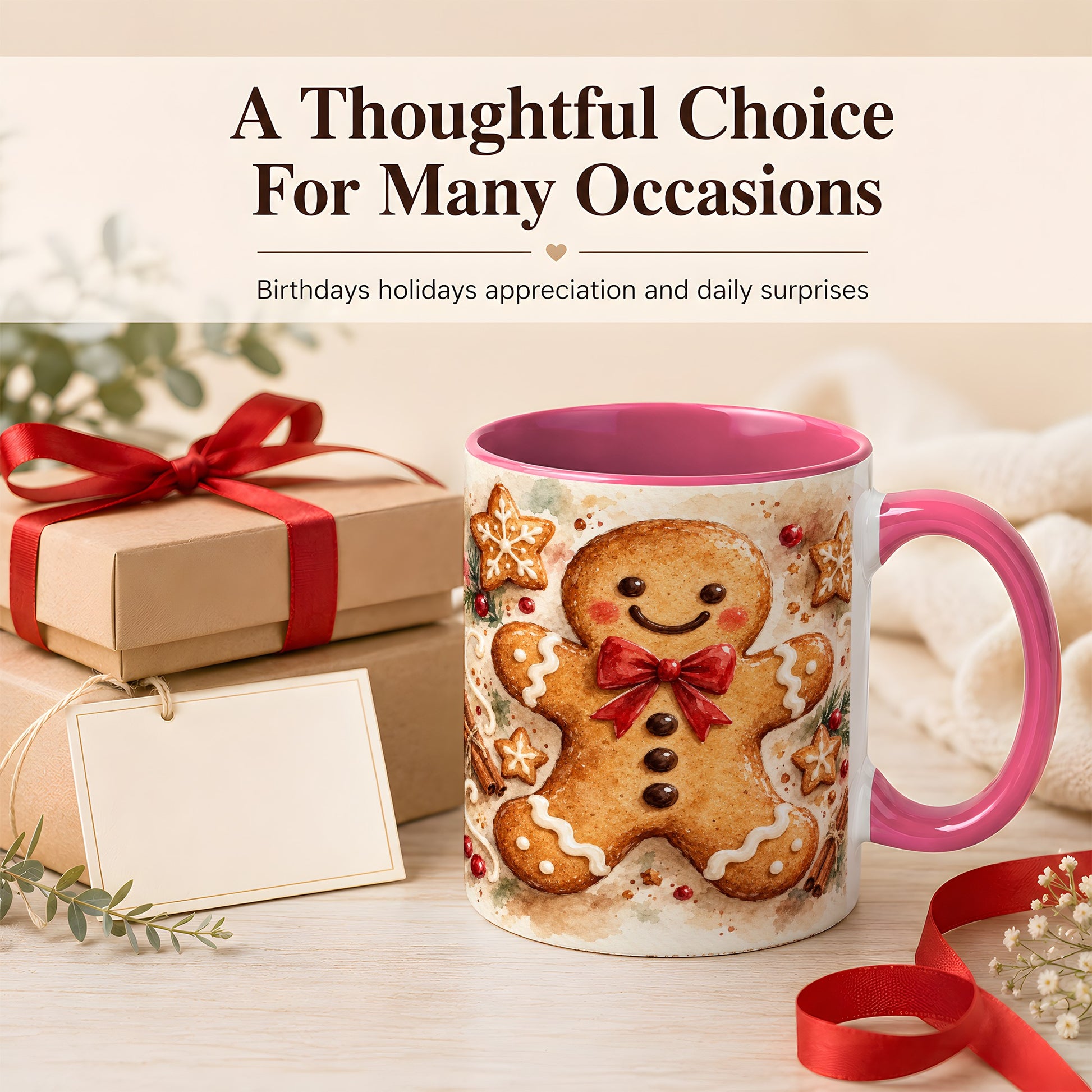#pl[11oz|Pink] Watercolor Gingerbread Coffee Mug, Christmas Cookie Mug, Ceramic Cup