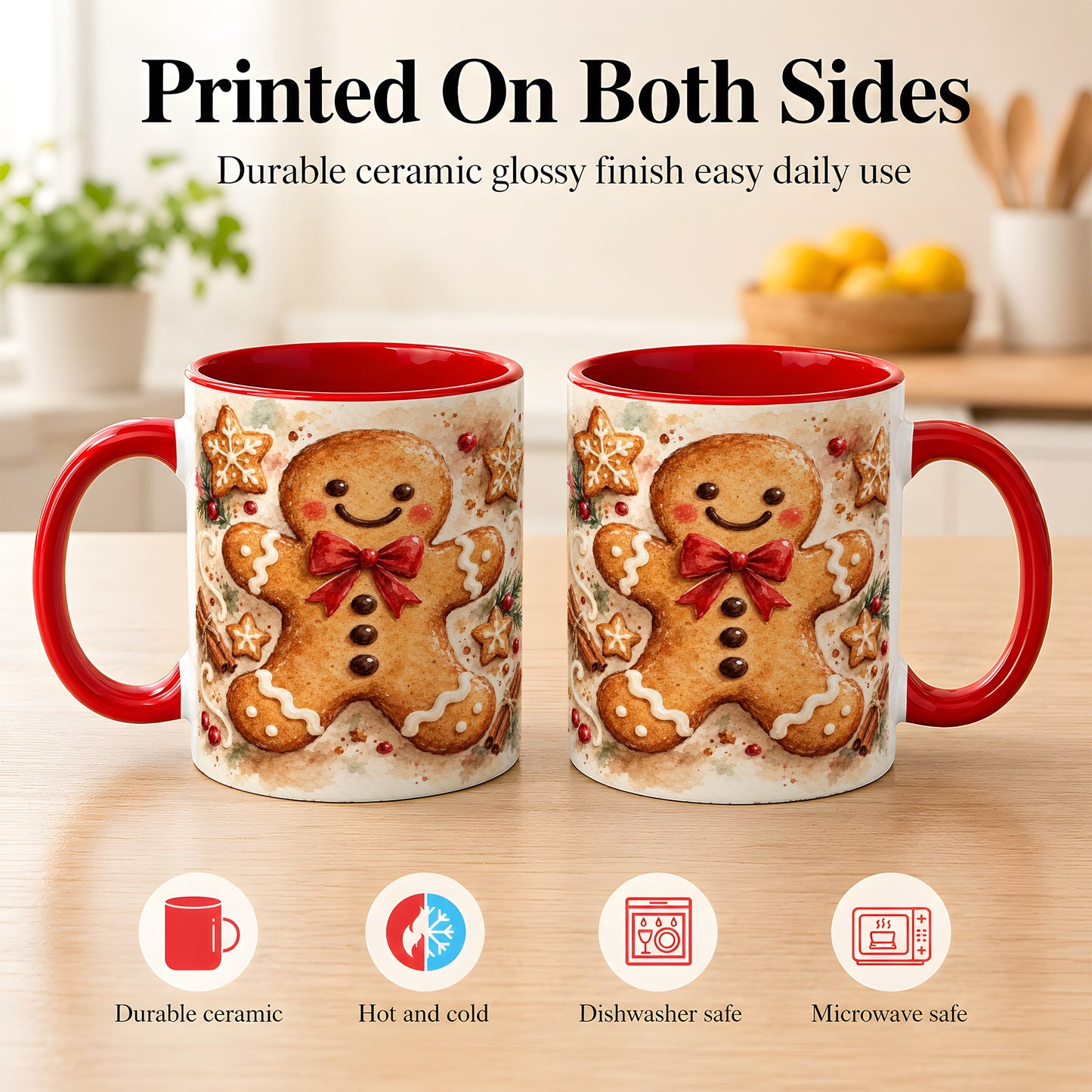 #pl[11oz|Red] Watercolor Gingerbread Coffee Mug, Christmas Cookie Mug, Ceramic Cup