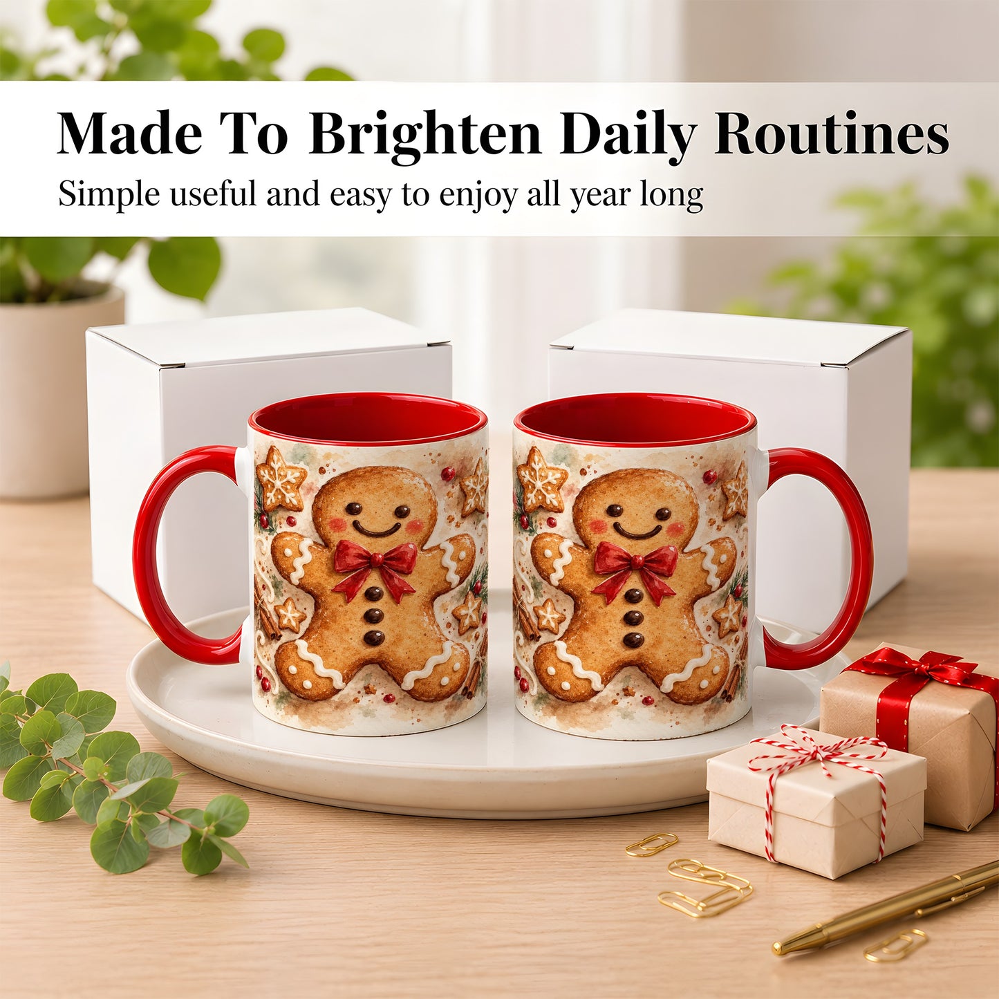 #pl[11oz|Red] Watercolor Gingerbread Coffee Mug, Christmas Cookie Mug, Ceramic Cup