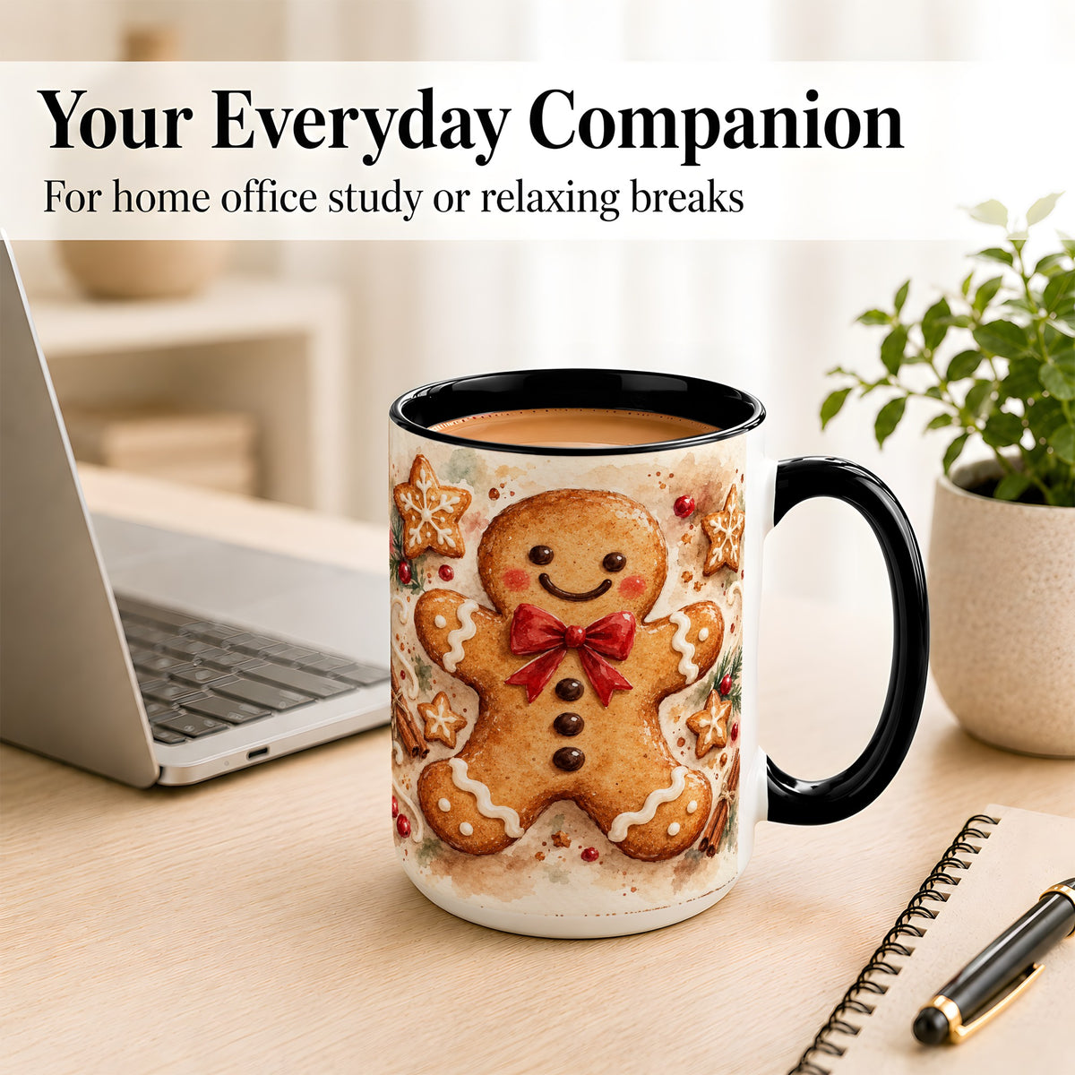 #pl[15oz|Black] Watercolor Gingerbread Coffee Mug, Christmas Cookie Mug, Ceramic Cup