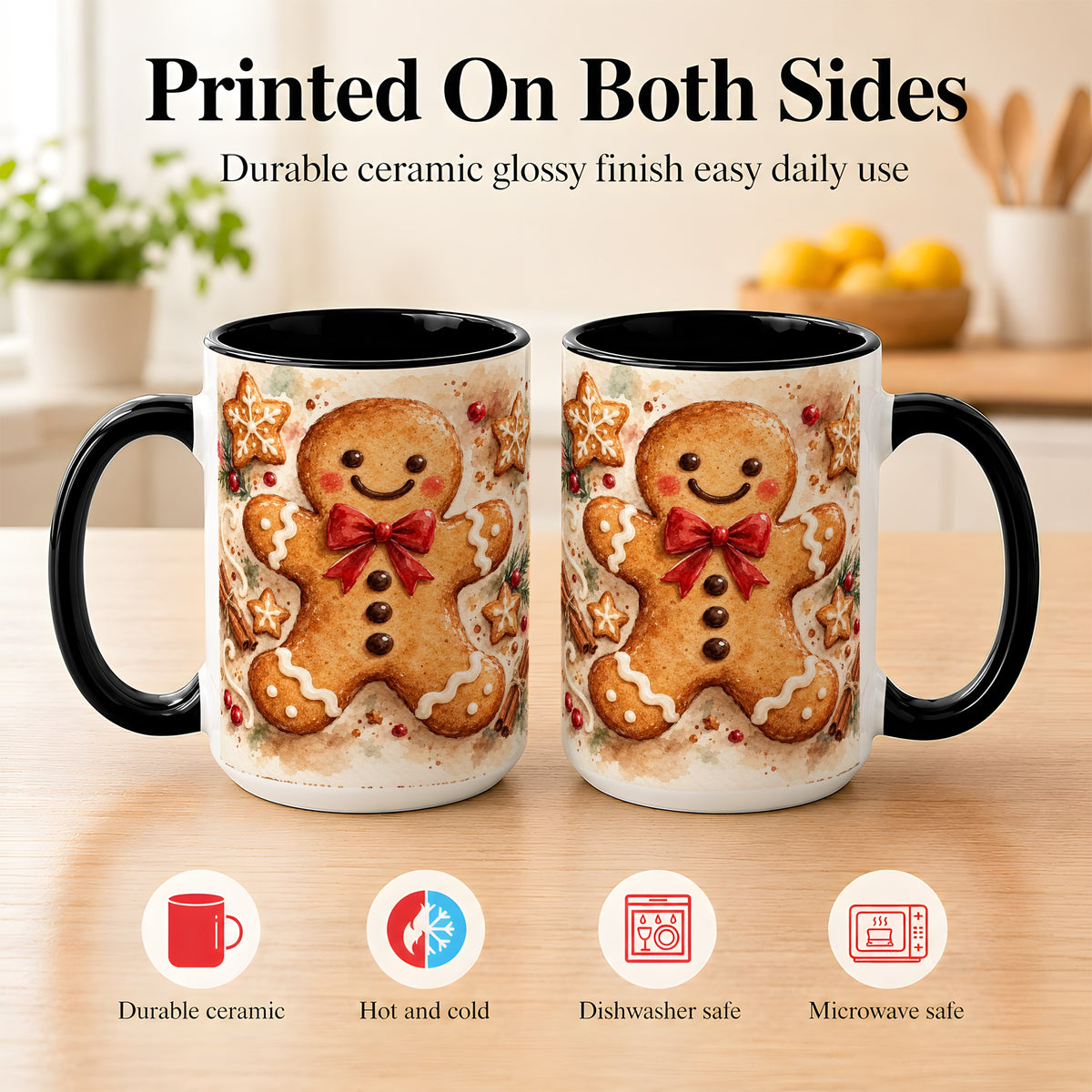 #pl[15oz|Black] Watercolor Gingerbread Coffee Mug, Christmas Cookie Mug, Ceramic Cup