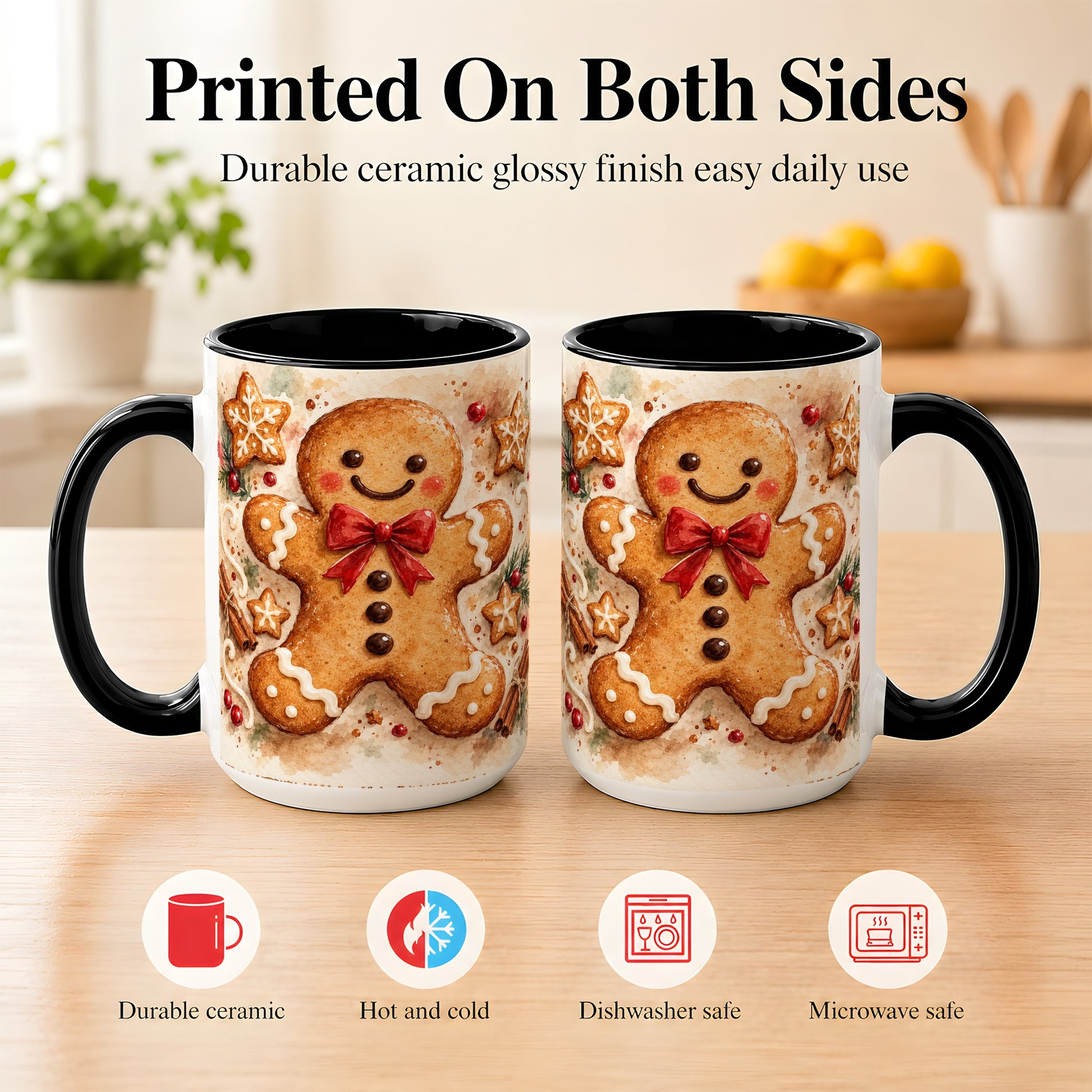 #pl[15oz|Black] Watercolor Gingerbread Coffee Mug, Christmas Cookie Mug, Ceramic Cup