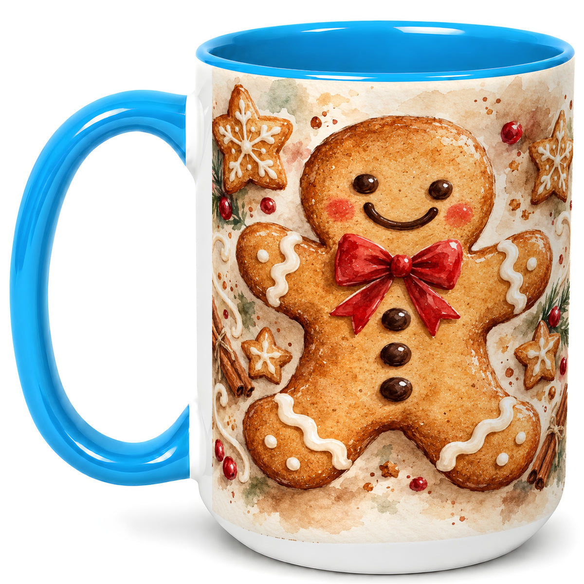 #pl[15oz|Blue] Watercolor Gingerbread Coffee Mug, Christmas Cookie Mug, Ceramic Cup