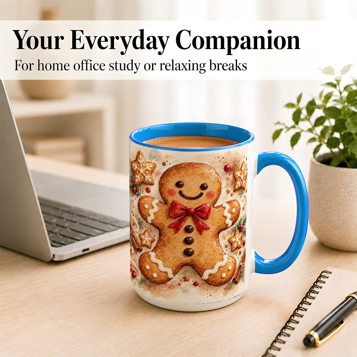 #pl[15oz|Blue] Watercolor Gingerbread Coffee Mug, Christmas Cookie Mug, Ceramic Cup